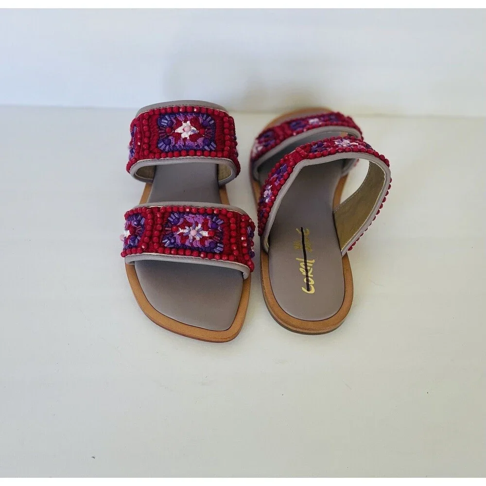 Anthropologie Coral Blue Purple Red Granny Square Flats Embroidery Bead Sandal 9